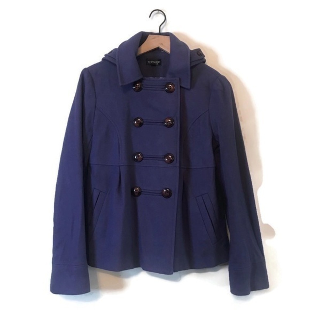 TopShop Purple Wool Double Breasted Hooded Pea Coat Jacket Women’s size 8 Medium